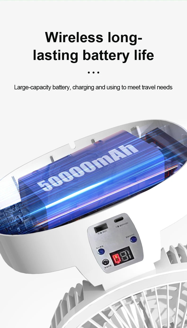 Outdoor Solar Camping Fan – 5 Speeds, LED Light, USB Rechargeable & Power Bank Function, Quiet Portable Electric Fan