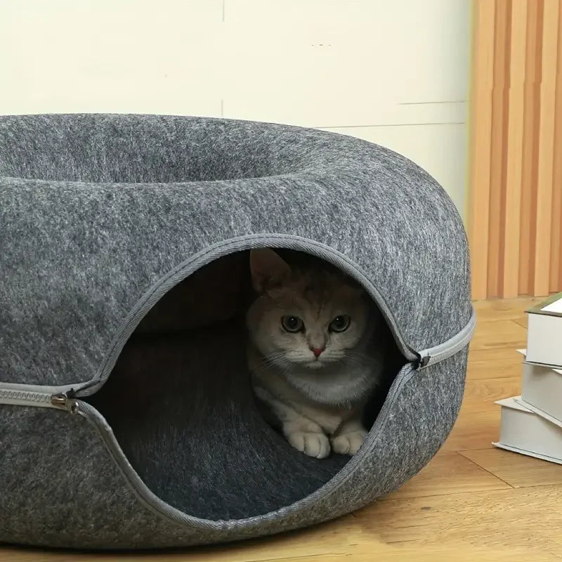 Felt Tunnel Cat Nest with Window – Round Donut Cat Bed, Detachable & Washable All-Season Pet Nest