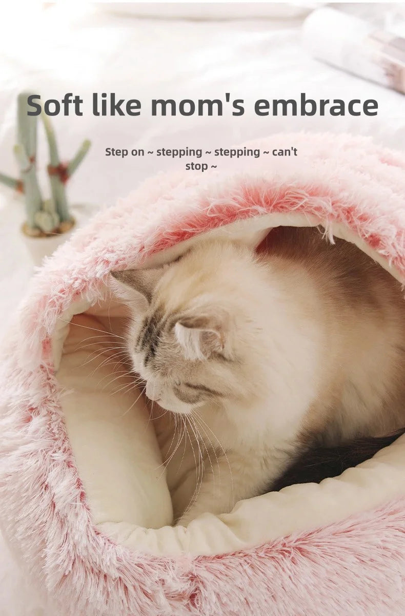 Autumn & Winter Plush Pet Bed – Semi-Enclosed Shell Cat Nest for Cozy Warmth