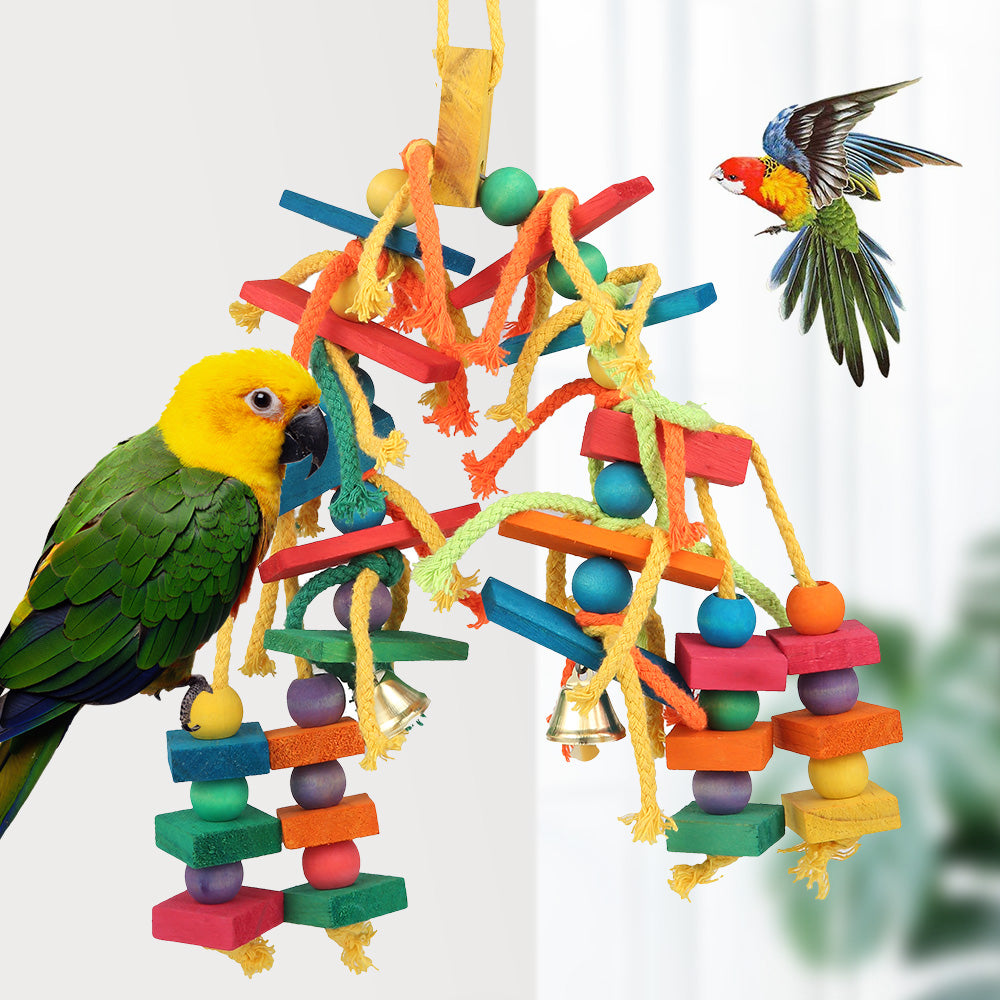 Wood & Cotton Rope Parrot Bird Toy – Bite-Resistant Chewing and Training Toy for Lovebirds, Cockatiels, and Small Parrots