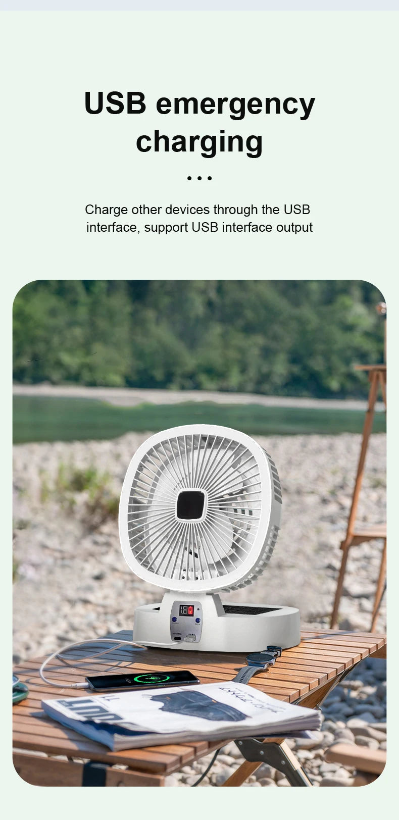 Outdoor Solar Camping Fan – 5 Speeds, LED Light, USB Rechargeable & Power Bank Function, Quiet Portable Electric Fan