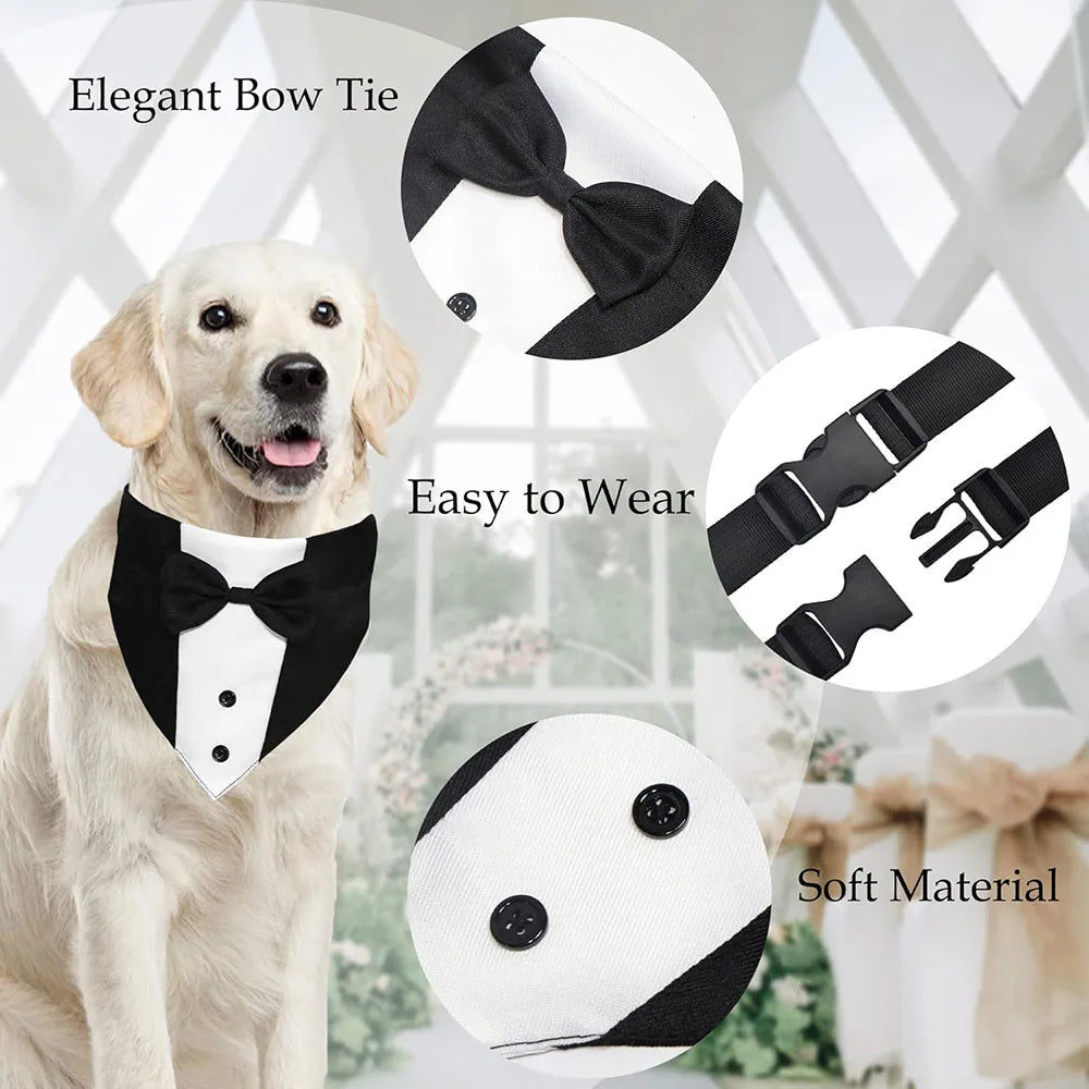 Dog Tuxedo Suit with Bow Tie – Formal Wedding Outfit & Birthday Bandana Collar for Medium & Large Dogs