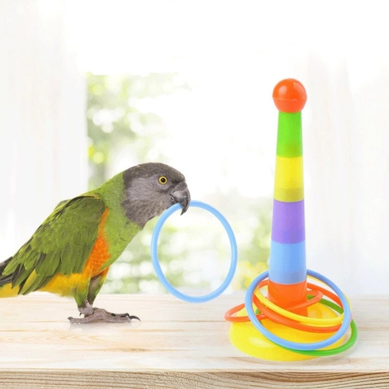 4-in-1 Parrot Bird Toy Set – Basketball, Skateboard, Stacking Ring, and Shopping Cart Interactive Training Toys