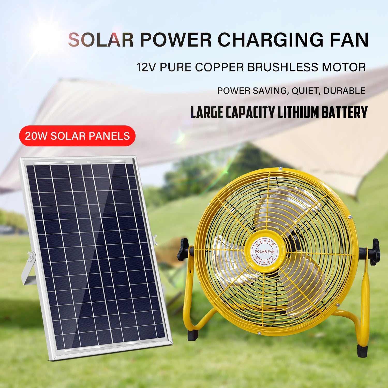 14 Inch Portable Rechargeable Table Fan with Solar Panel Powered and AC Charger Dual Input for Household, Camping, Fishing