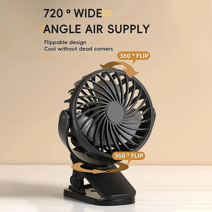 Rechargeable 720° Rotating Clip Fan with Nightlight – Portable Hanging Fan for Office, Bedroom, Dorm, and Outdoor Use