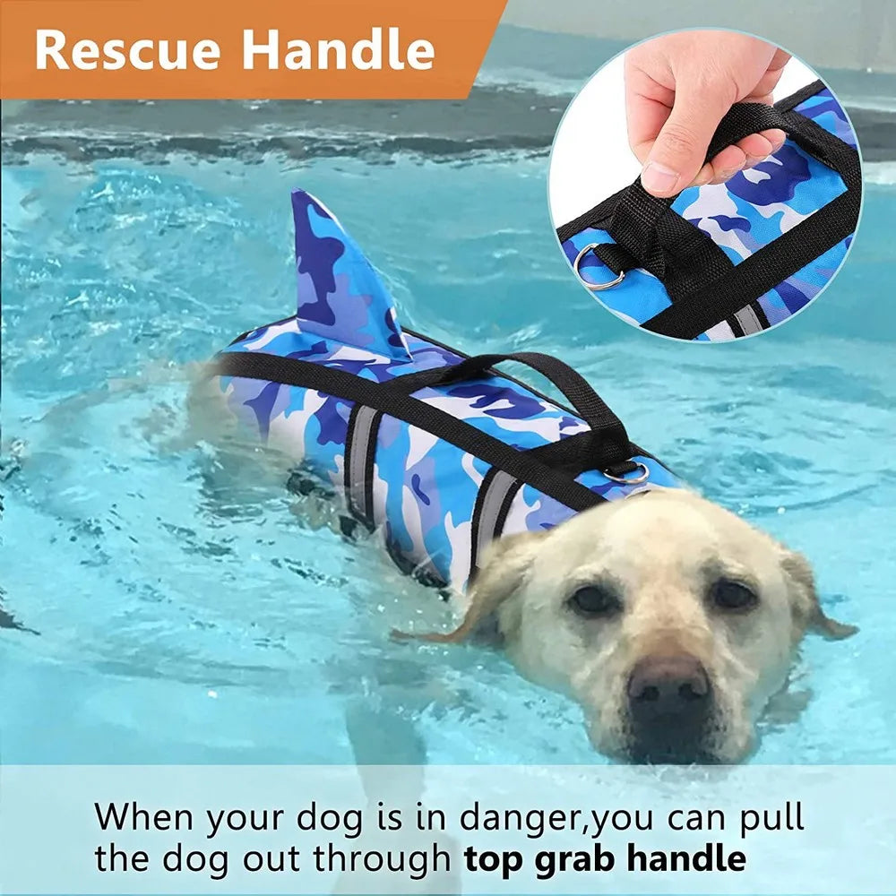 🦈 Camouflage Dog Life Jacket – Shark Style Safety Vest for Swimming (Blue, Fuchsia)