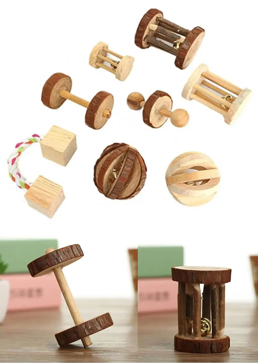 Wooden Rabbit Roller Toy – Natural Chew Dumbbell with Bell for Small Pets