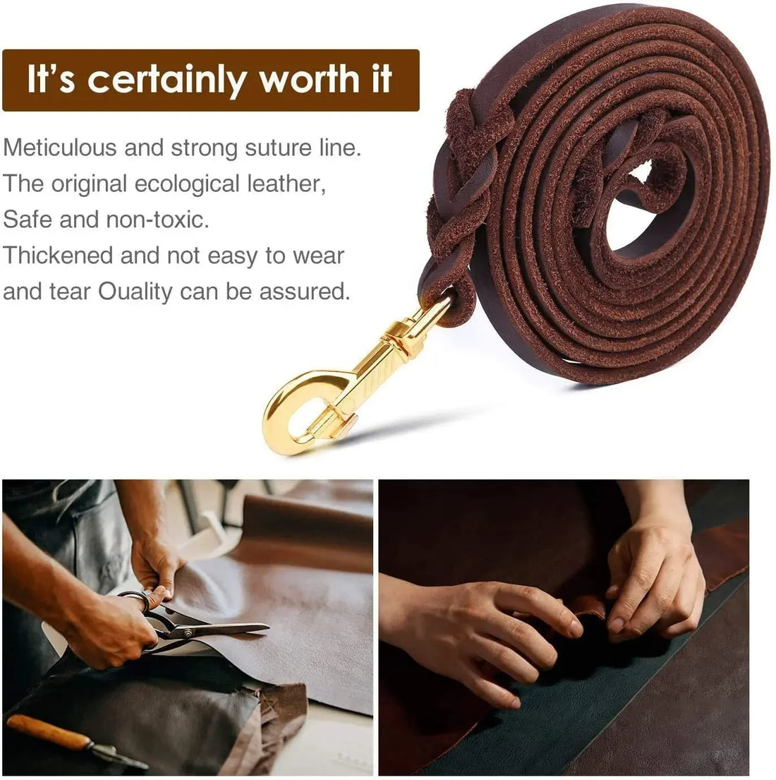 Genuine Leather Dog Leash – Braided Long Pet Walking & Training Lead for Medium & Large Dogs (Brown/Black)