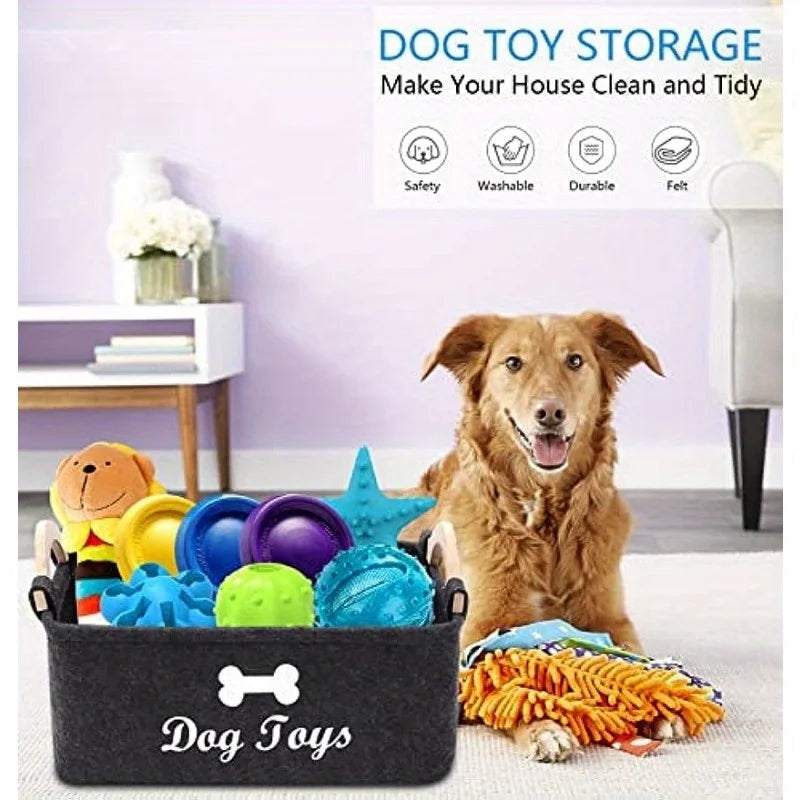 Felt Pet Toy Storage Box – Dog Toy Organizer Basket for Toys, Blankets, Leashes & Pet Supplies