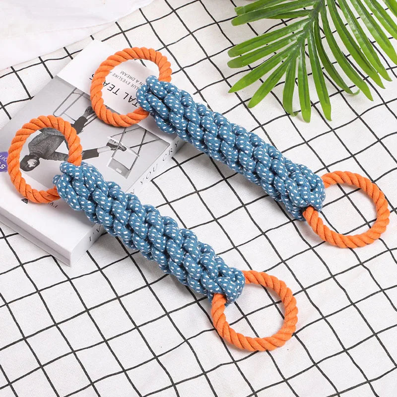 Double-Ring Chewable Cotton Knot Dog Toy – Durable Braided Rope for Teething & Dental Cleaning
