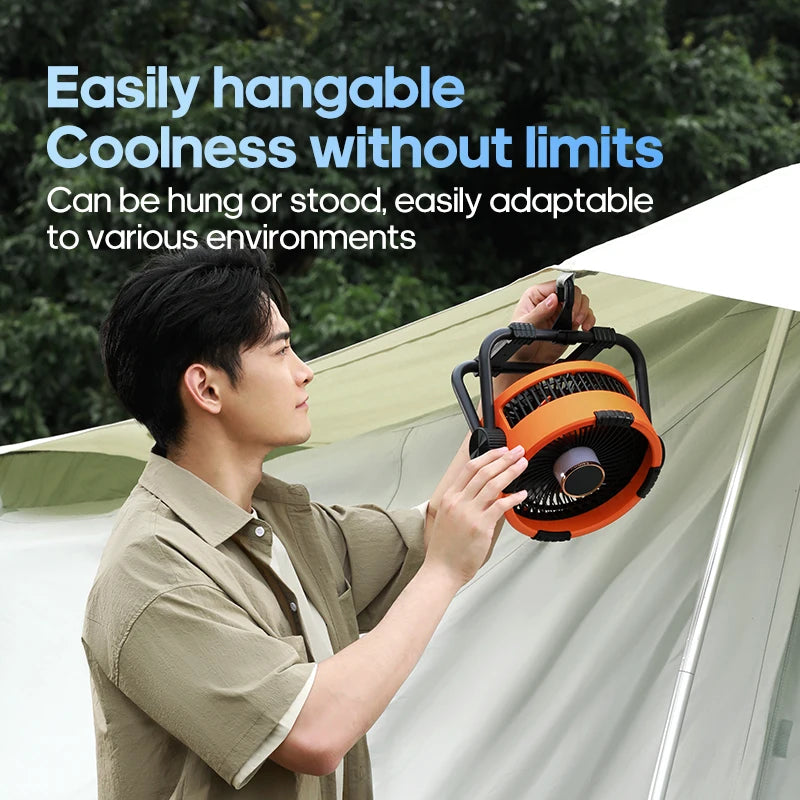 6-in-1 Outdoor Camping Fan – 20000mAh Rechargeable Ceiling & Desktop Fan with LED Light, Hook & Wireless Operation