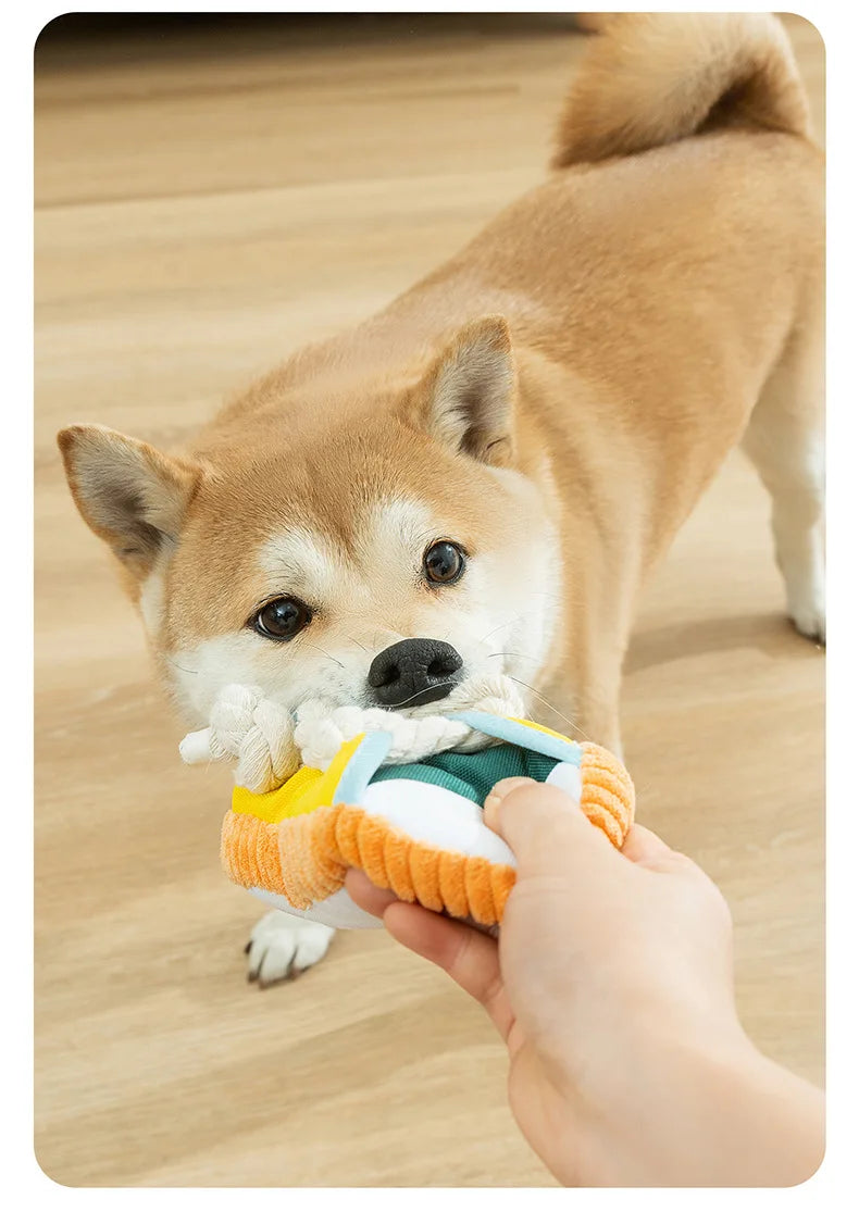 Dog Slippers Shape Squeaky Chew Toy with Cotton Rope – Bite Resistant & Teeth Grinding Pet Toy
