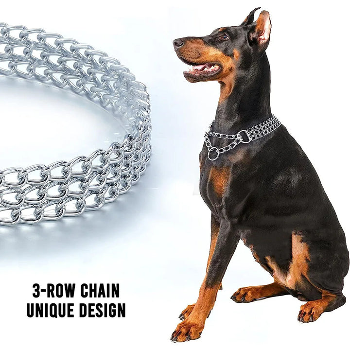 🐾 Heavy-Duty Triple Row Metal Dog Chain Collar – Chew-Proof, Adjustable Cuban Link for Large Dogs