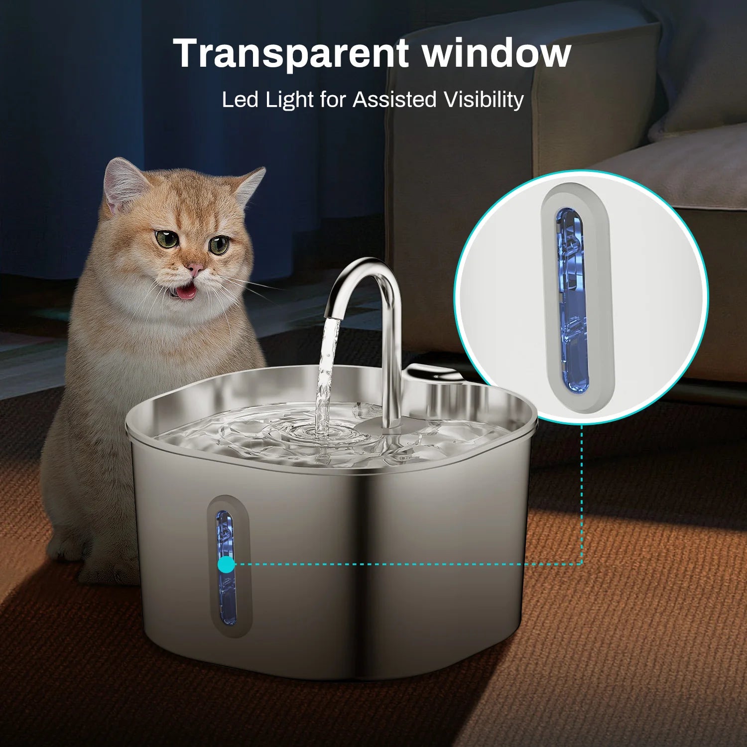 🐾 2.2L Stainless Steel Automatic Cat Water Fountain – Silent Pump & Visual Window