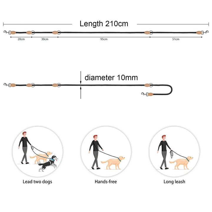 🐕‍🦺 210cm Multipurpose Adjustable Double Dog Leash – Hands-Free Luxury Nylon Leash for 2 Small/Medium Dogs