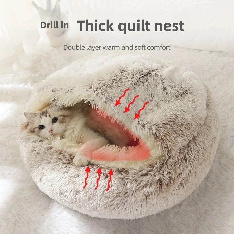 Autumn & Winter Plush Pet Bed – Semi-Enclosed Shell Cat Nest for Cozy Warmth