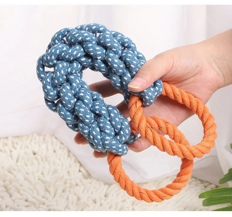 Double-Ring Chewable Cotton Knot Dog Toy – Durable Braided Rope for Teething & Dental Cleaning