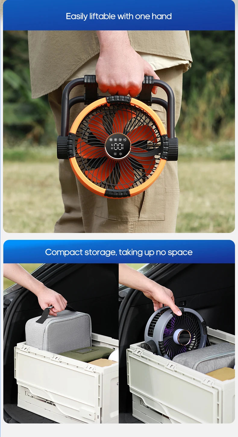 6-in-1 Outdoor Camping Fan – 20000mAh Rechargeable Ceiling & Desktop Fan with LED Light, Hook & Wireless Operation