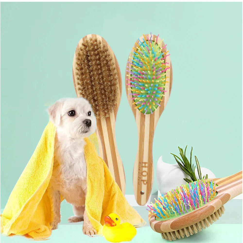 Bamboo Double-Sided Dog Brush – Pet Grooming & Massage Comb for Dogs and Cats | Eco-Friendly Soft Bristle & Pin Brush