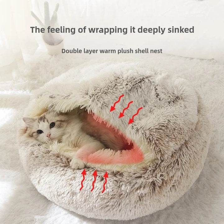 Autumn & Winter Plush Pet Bed – Semi-Enclosed Shell Cat Nest for Cozy Warmth