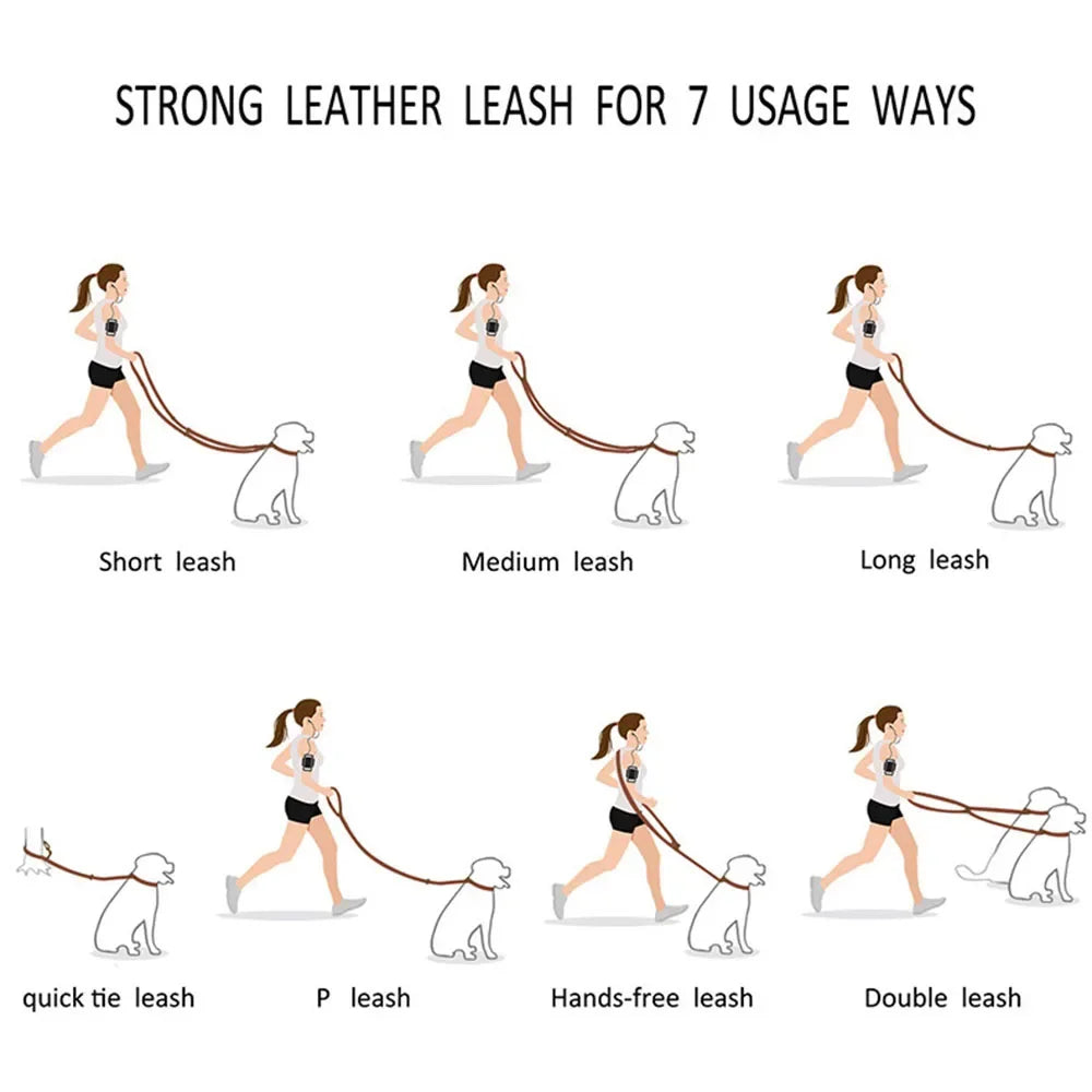 🐕 Genuine Leather Hands-Free Service Dog Leash – 7-in-1 Multi-Function Crossbody Pet Lead