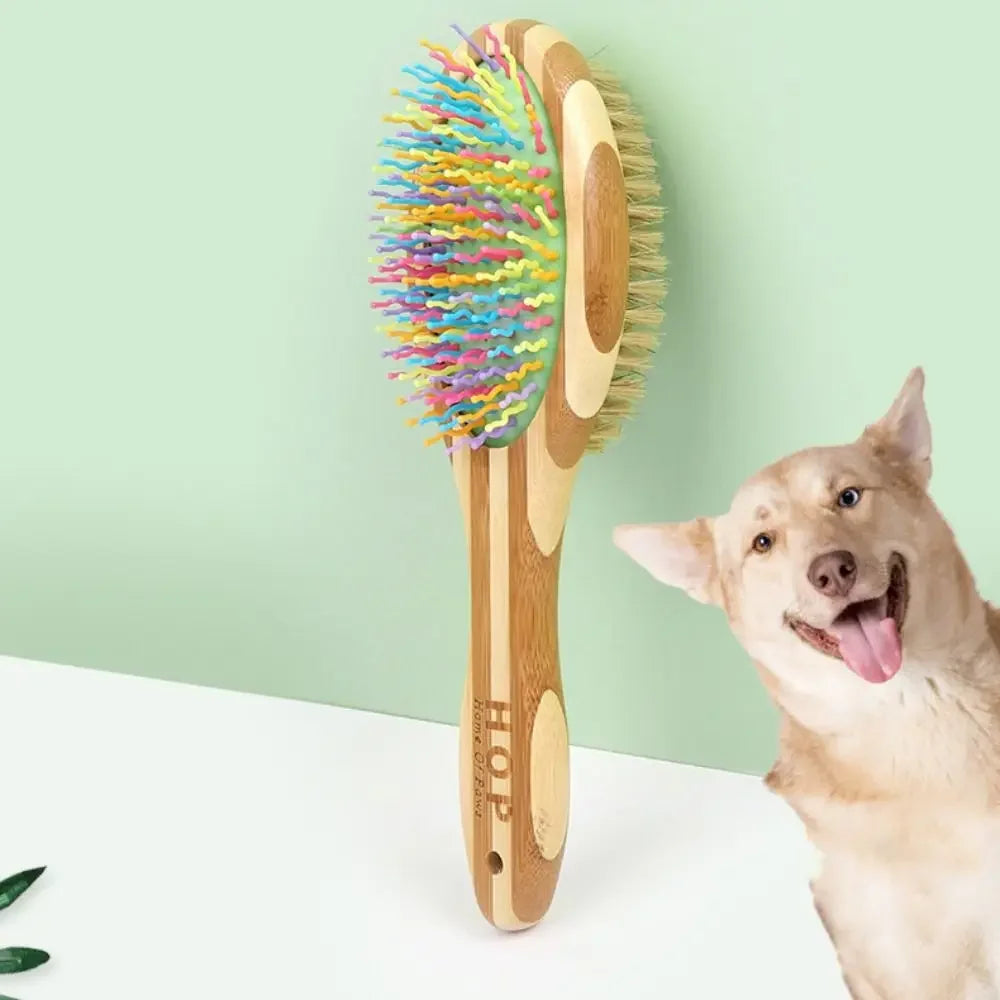 Bamboo Double-Sided Dog Brush – Pet Grooming & Massage Comb for Dogs and Cats | Eco-Friendly Soft Bristle & Pin Brush