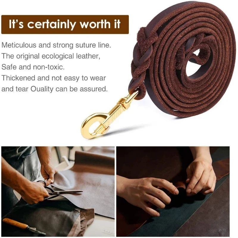 Genuine Leather Dog Leash – Braided Long Pet Walking & Training Lead for Medium & Large Dogs (Brown/Black)