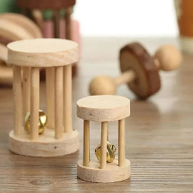 Wooden Rabbit Roller Toy – Natural Chew Dumbbell with Bell for Small Pets