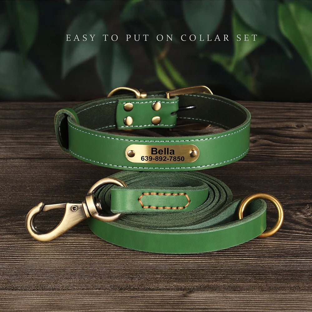 Personalized Leather Dog Collar & Leash Set – Engraved ID for Small to Large Dogs