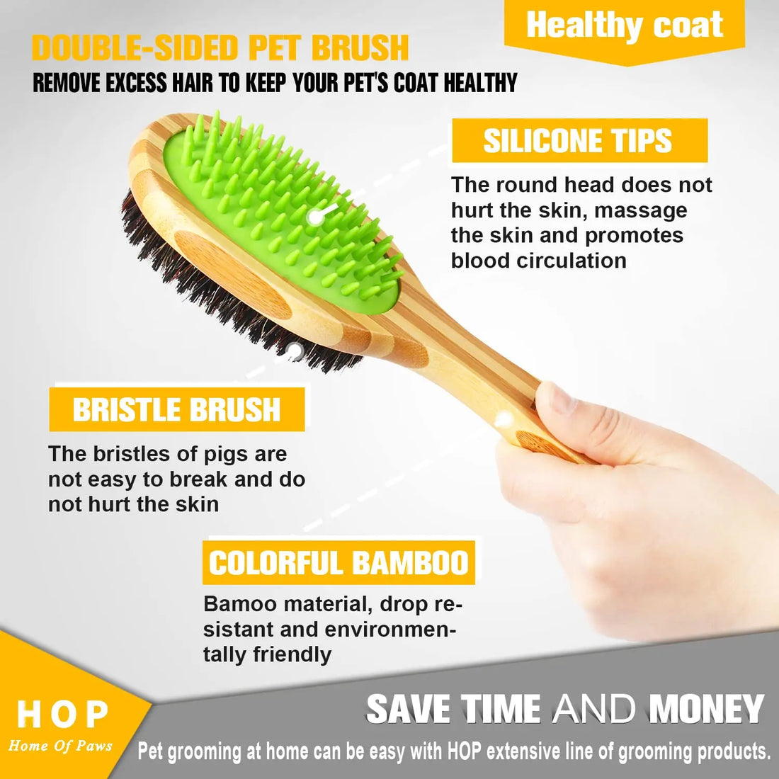 Bamboo Double-Sided Dog Brush – Pet Grooming & Massage Comb for Dogs and Cats | Eco-Friendly Soft Bristle & Pin Brush
