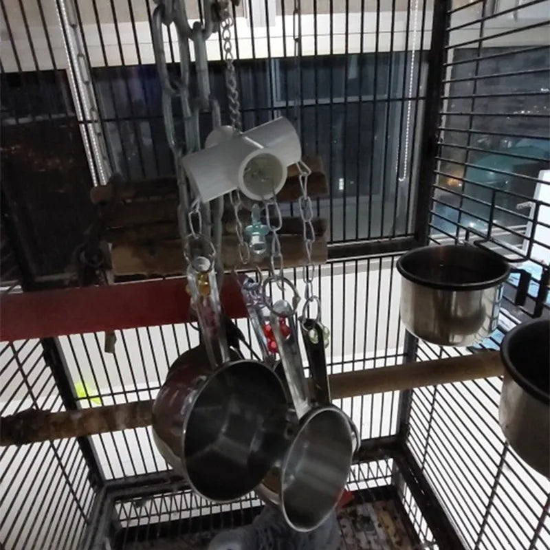 Pet Bird Parrot Toy – 4 Stainless Steel Pots with Acrylic String | Cage Chewing & Foraging Toy for Birds