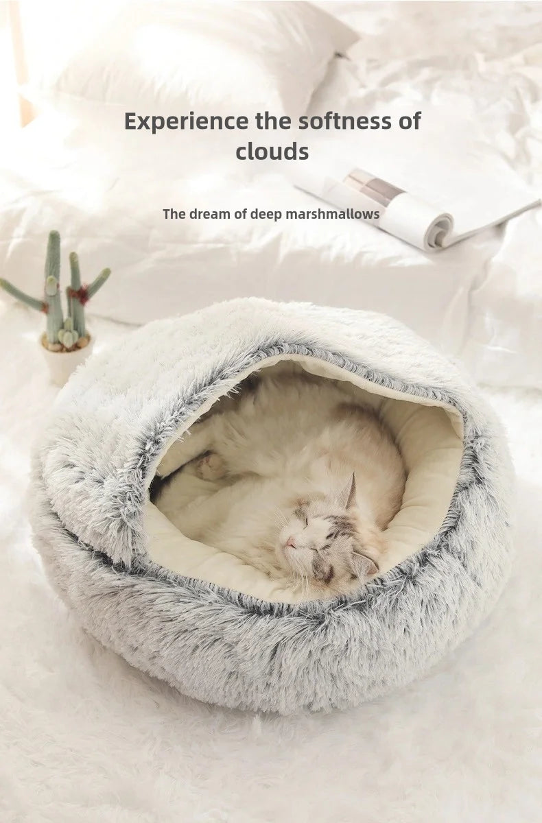 Autumn & Winter Plush Pet Bed – Semi-Enclosed Shell Cat Nest for Cozy Warmth