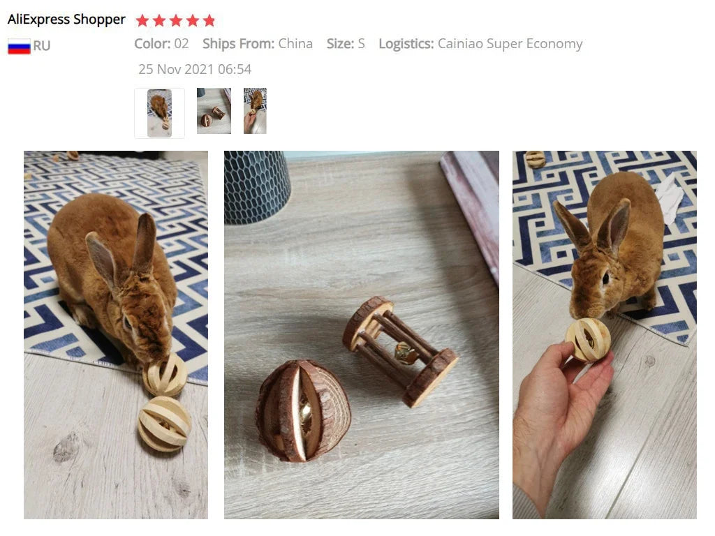 Wooden Rabbit Roller Toy – Natural Chew Dumbbell with Bell for Small Pets