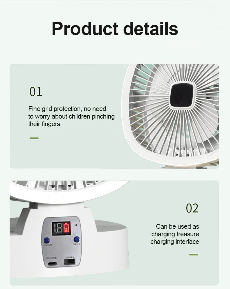 Outdoor Solar Camping Fan – 5 Speeds, LED Light, USB Rechargeable & Power Bank Function, Quiet Portable Electric Fan