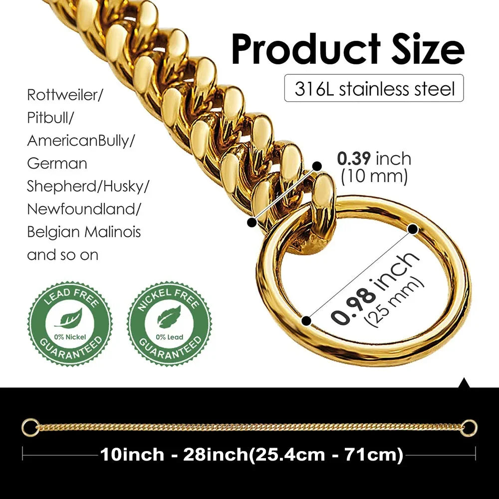 🐕 Heavy-Duty Gold Chain Dog Choke Collar – 10mm Gold-Plated Stainless Steel