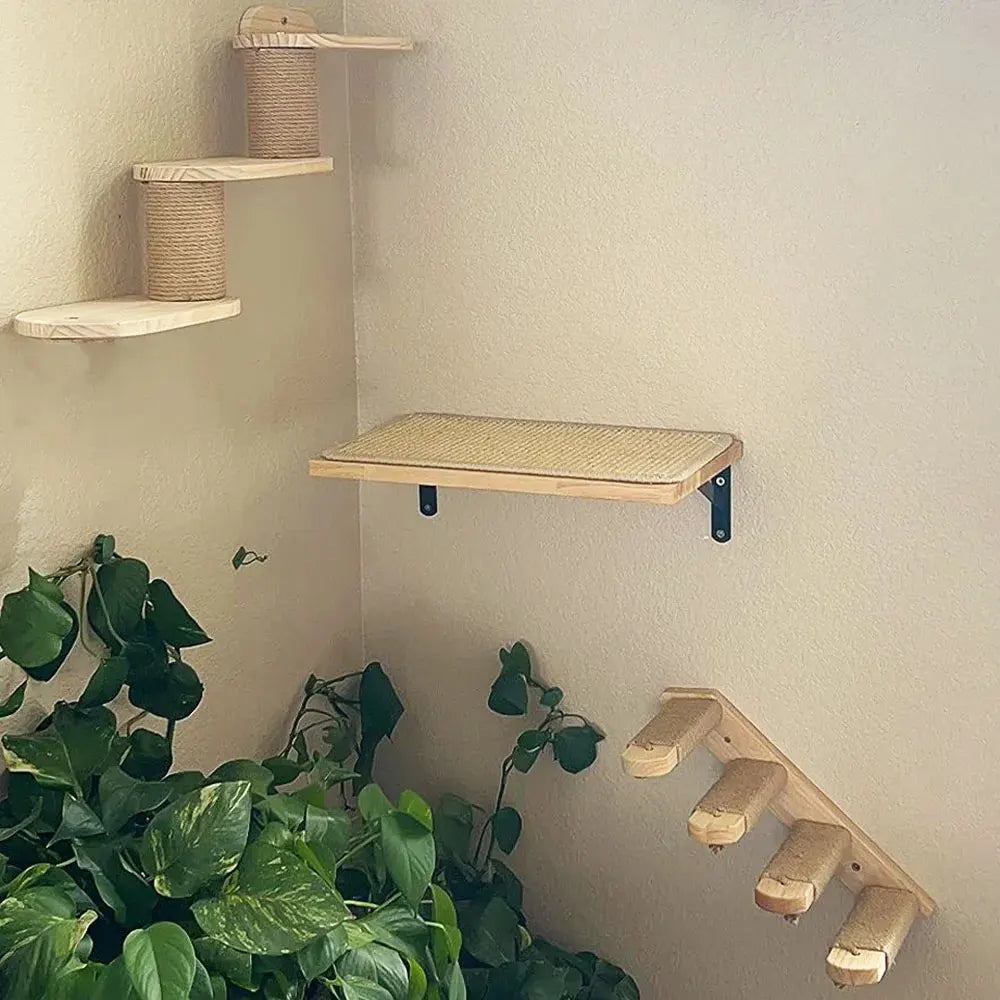 Cat Tree Wall Mounted Climbing Shelves – Wooden Hammock, Ladder & Bridge Indoor Cat Playground 🐾