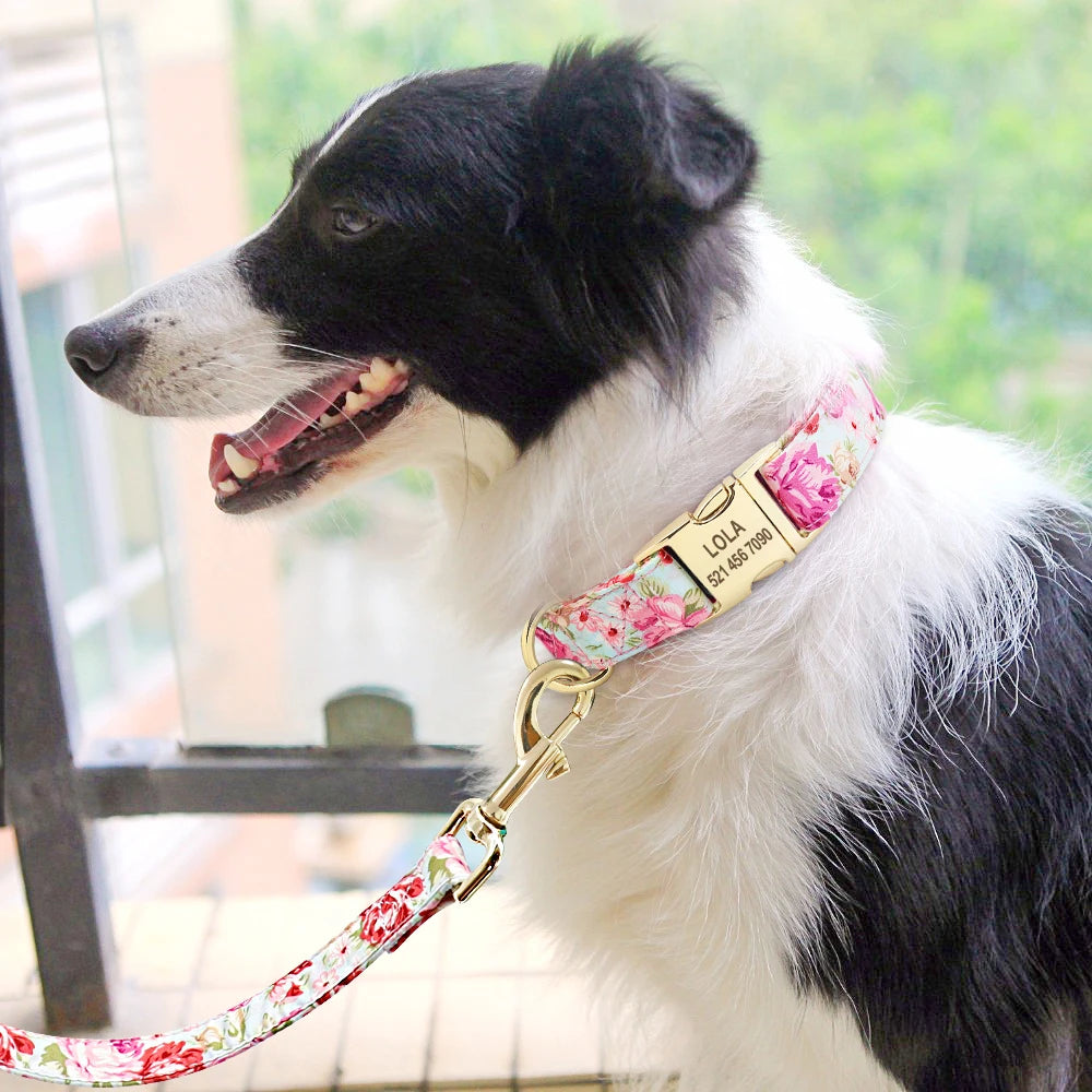 Personalized Floral Dog Collar & Leash Set – Custom Engraved Pet ID
