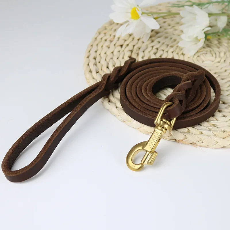 Genuine Leather Dog Leash – Braided Long Pet Walking & Training Lead for Medium & Large Dogs (Brown/Black)