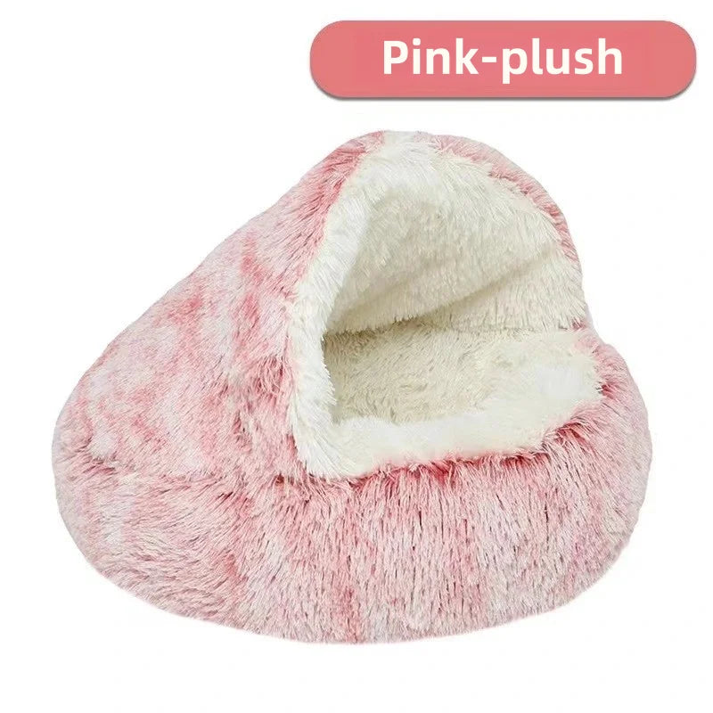 Autumn & Winter Plush Pet Bed – Semi-Enclosed Shell Cat Nest for Cozy Warmth