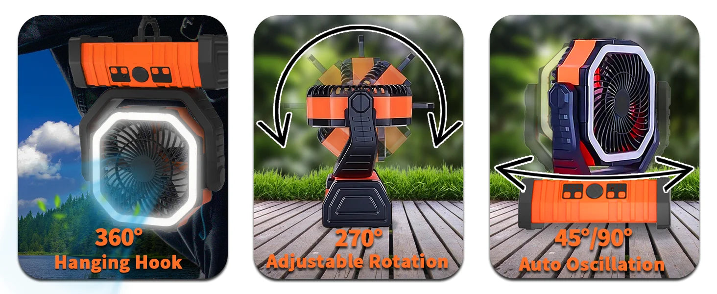 🌬️ 20000mAh / 10000mAh USB Rechargeable Camping Fan – Portable Wireless Air Circulator with Hook & 270° Head Rotation