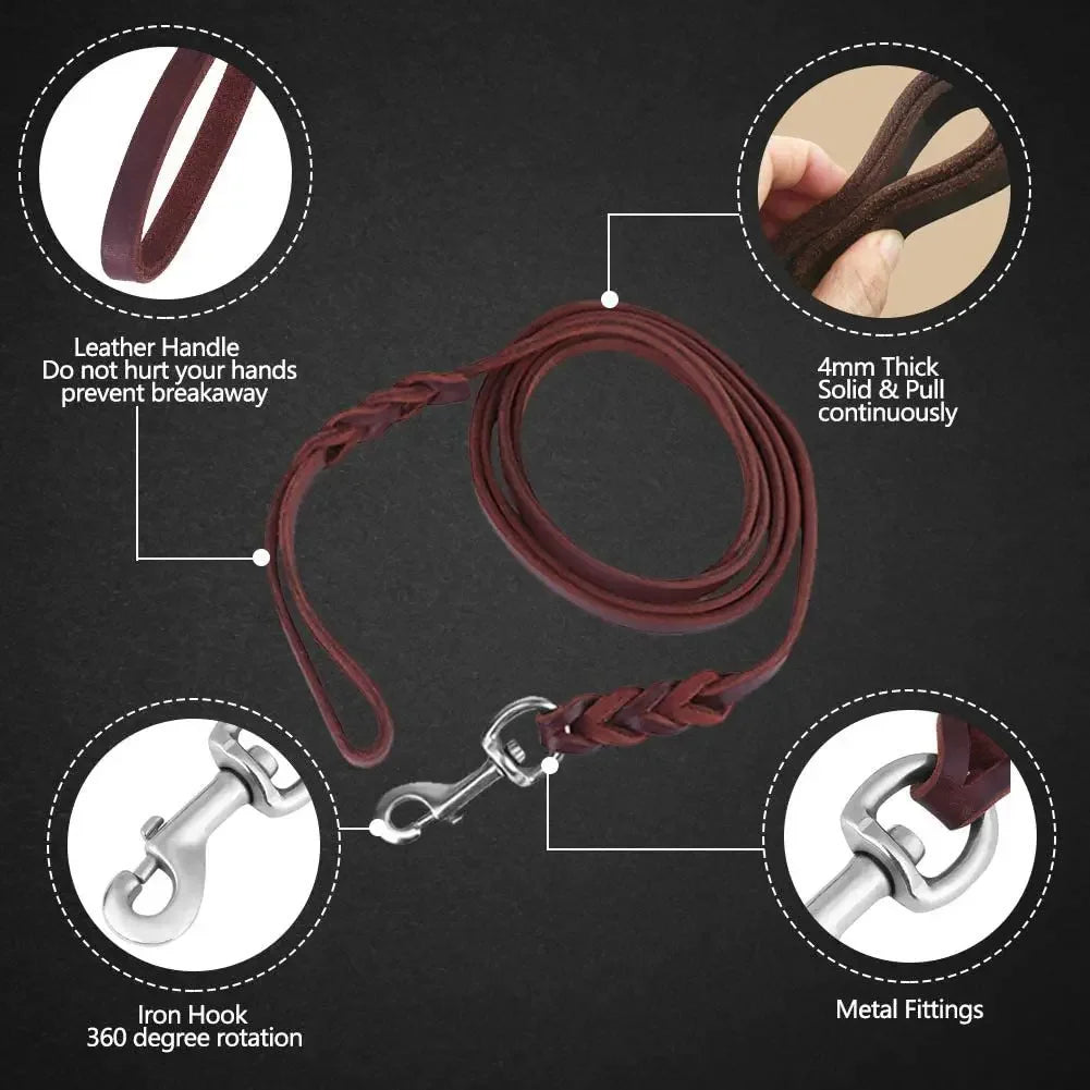 Genuine Leather Dog Leash – Braided Long Pet Walking & Training Lead for Medium & Large Dogs (Brown/Black)