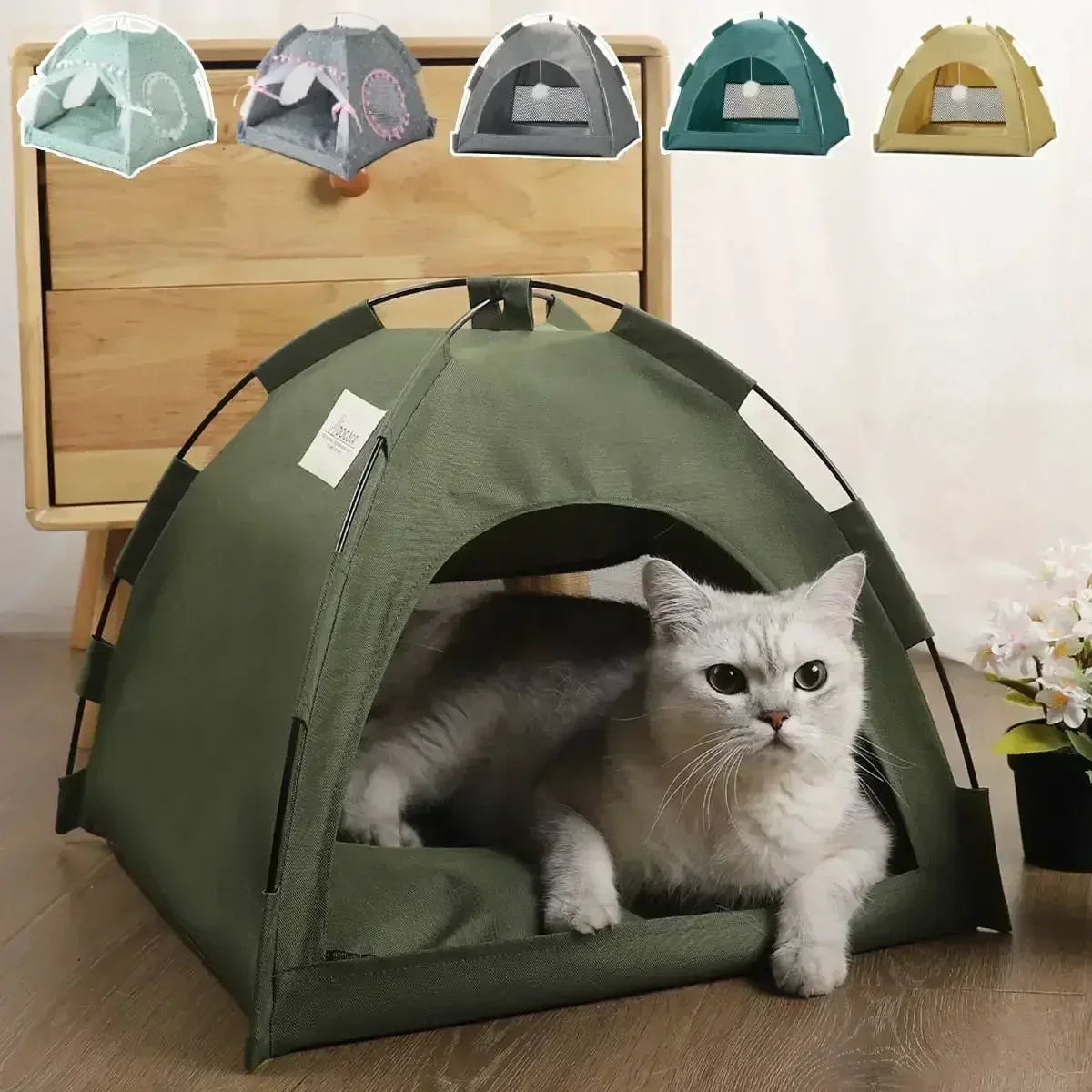 Pet Tent Bed – Removable Canvas Cat Sofa, Semi-Enclosed Cat House & Dog Cave Hut