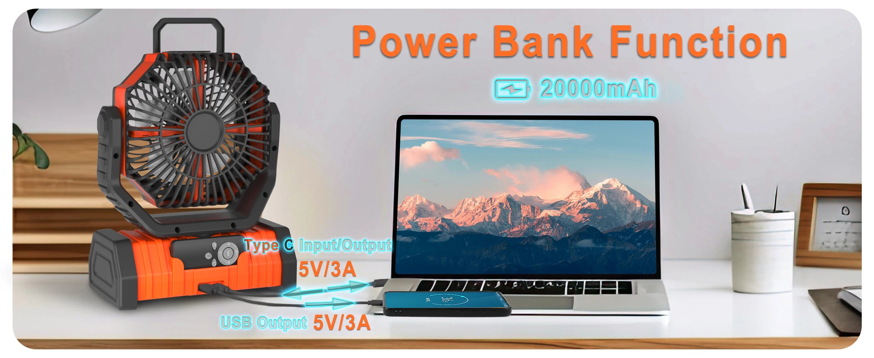 🌬️ 20000mAh / 10000mAh USB Rechargeable Camping Fan – Portable Wireless Air Circulator with Hook & 270° Head Rotation