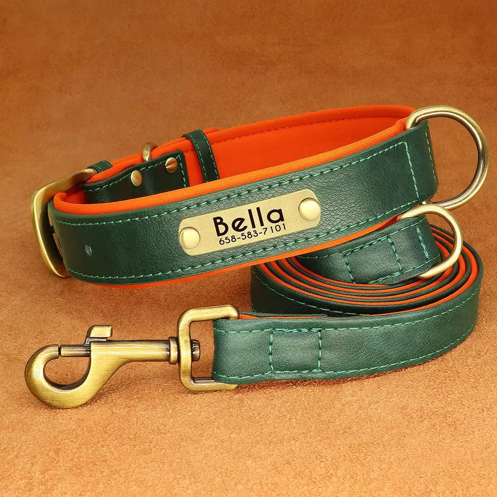 Custom Leather Dog Collar & Leash Set – Soft Padded with Engraved Nameplate