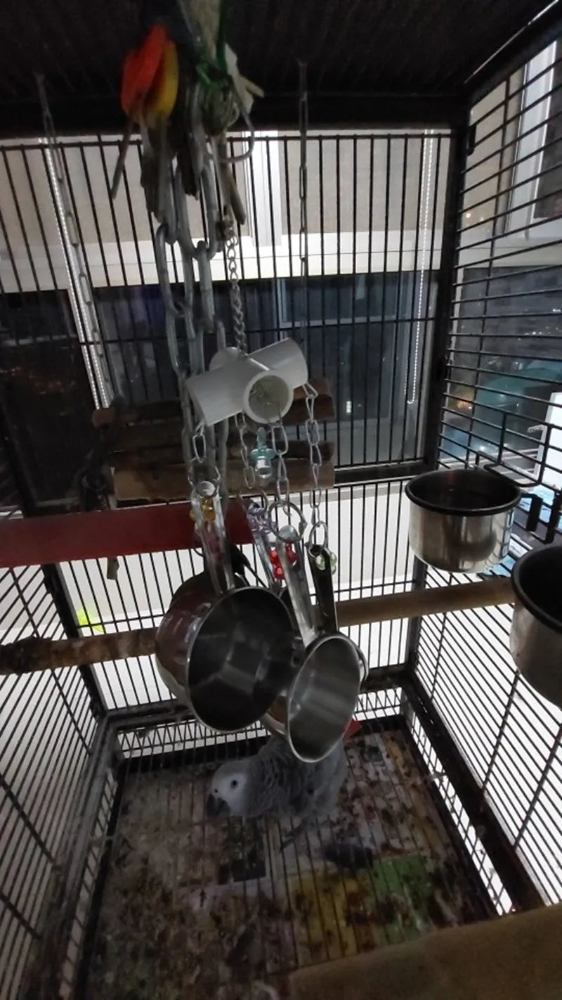Pet Bird Parrot Toy – 4 Stainless Steel Pots with Acrylic String | Cage Chewing & Foraging Toy for Birds