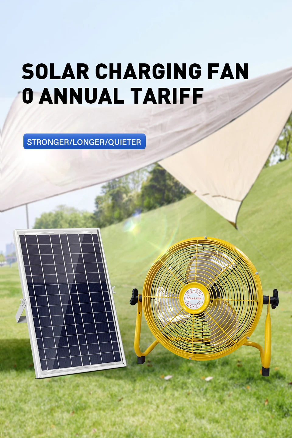 14 Inch Portable Rechargeable Table Fan with Solar Panel Powered and AC Charger Dual Input for Household, Camping, Fishing
