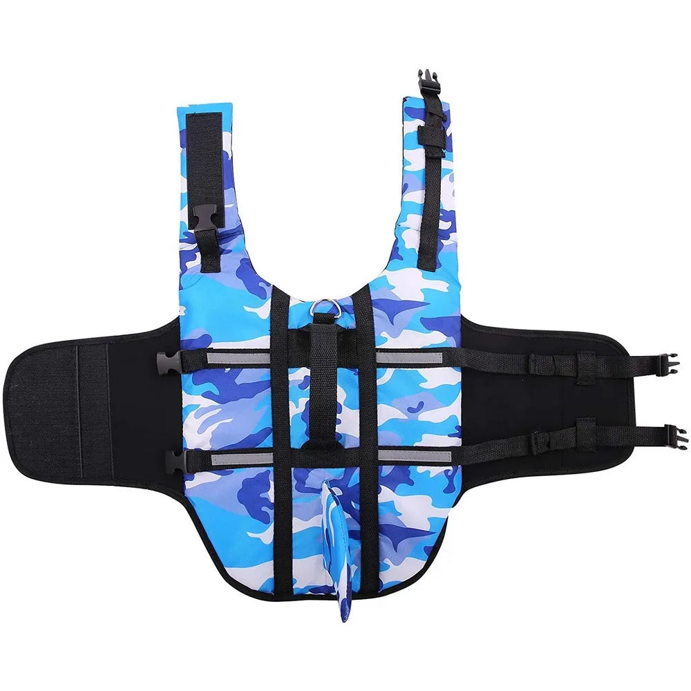🦈 Camouflage Dog Life Jacket – Shark Style Safety Vest for Swimming (Blue, Fuchsia)