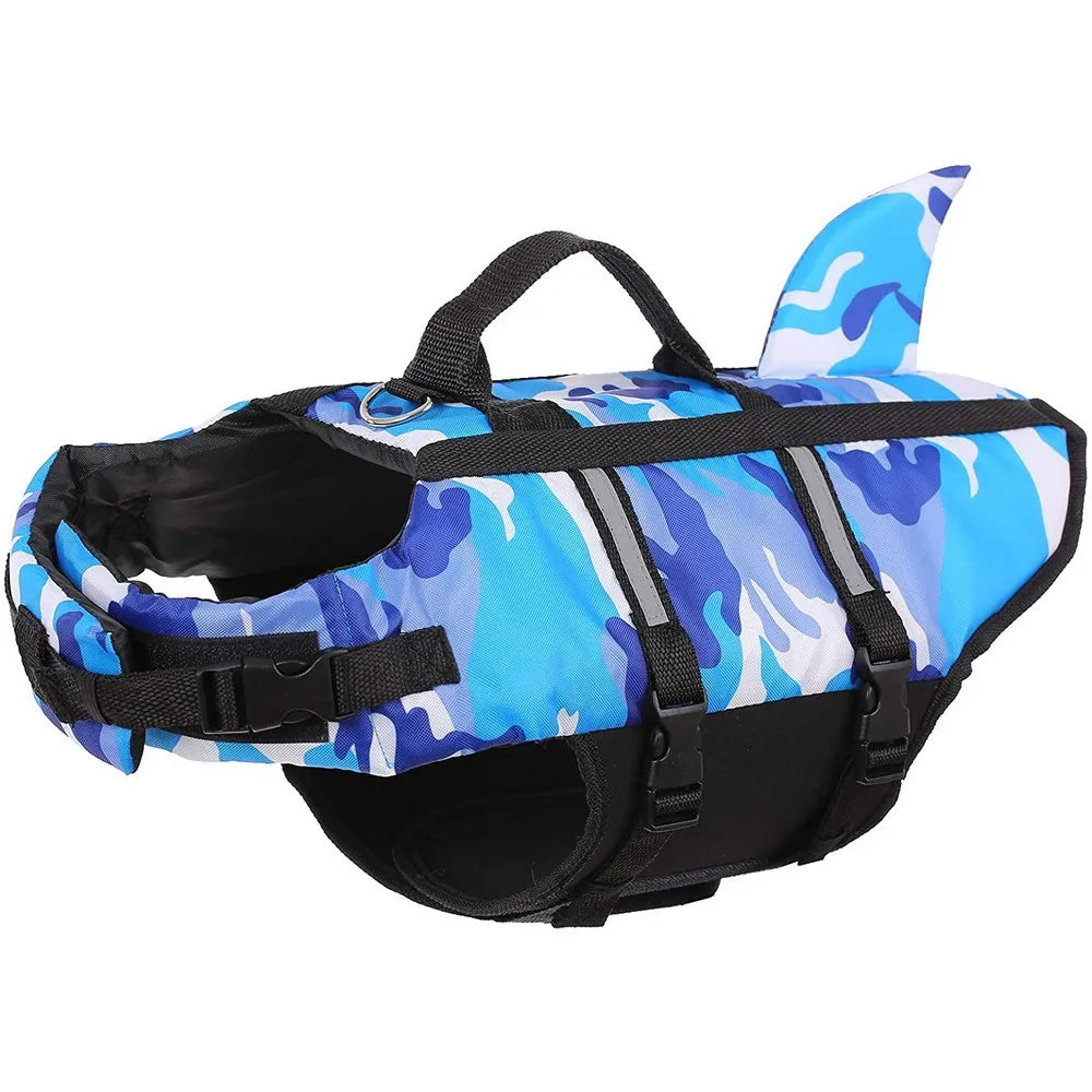🦈 Camouflage Dog Life Jacket – Shark Style Safety Vest for Swimming (Blue, Fuchsia)