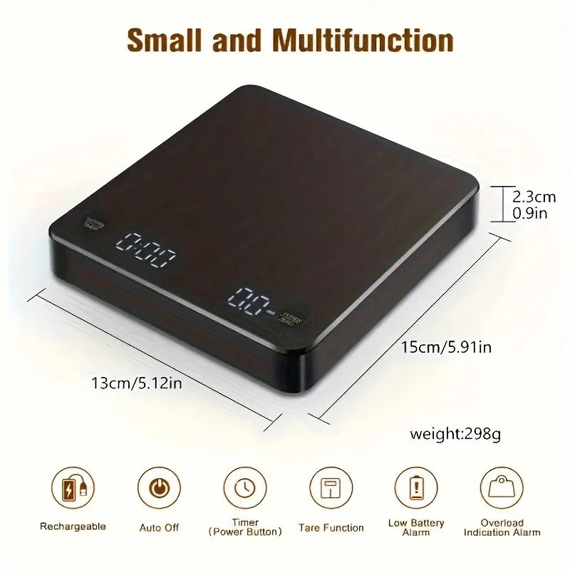☕ Digital Rechargeable Coffee Scale with Timer – LED Screen, USB Charging, 3kg Max, 0.1g Precision