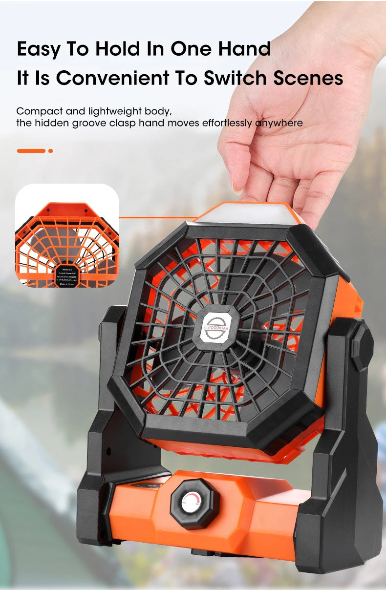 2024 Rechargeable Camping Fan with LED Light – 7800mAh Battery, Hook & Desk Mount for Tent, Car, or Outdoor Trips